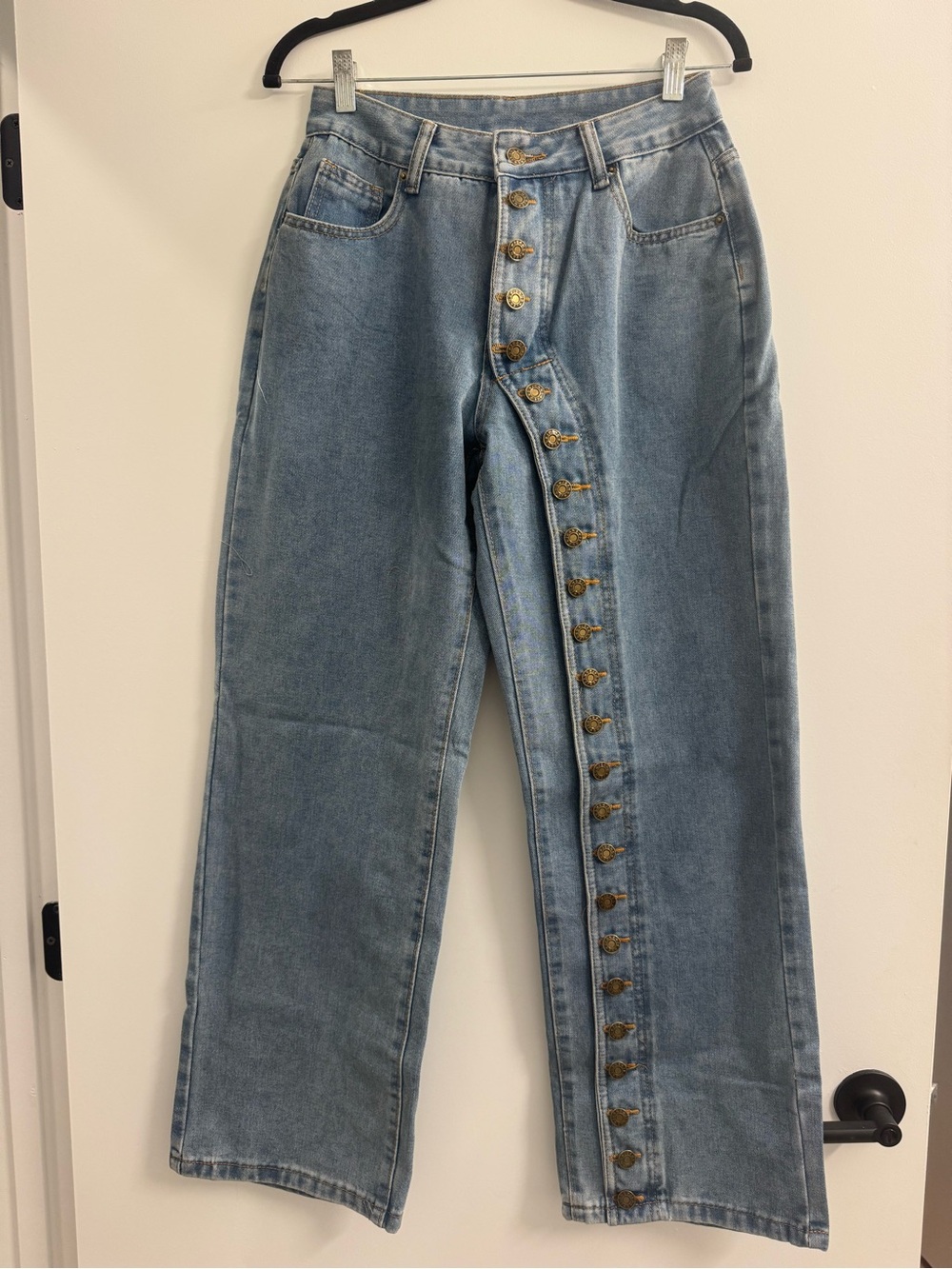 Light Blue High-Waist Button-Front Wide Leg Jeans